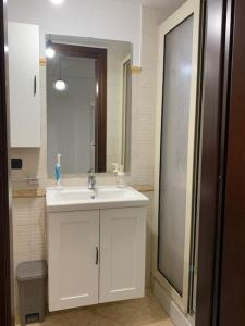 a bathroom with a white sink and a mirror at Alloggio incantevole/ bedsitting-room in Altavilla Milicia +10 photos