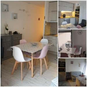 a kitchen and a dining room with a table and chairs at apt cosy, 4 pers, plein centre ville, parking offert in Font-Romeu-Odeillo-Via