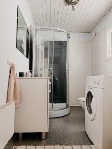 A bathroom at Charming house with wood stove near lake