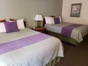 Hot Springs Village Inn في Hot Springs Village: سريرين في غرفة الفندق ذات أغطية أرجوانية وبيضاء