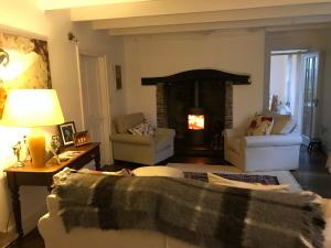 a living room with a couch and a fireplace at May House A beautiful Cornish holiday home in the heart of Cornwall in Wadebridge