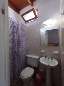 Un baño con inodoro, lavabo y espejo. en Departamento Elida, en San Rafael