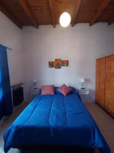 1 cama azul grande en un dormitorio con techo de madera en Departamento Elida en San Rafael