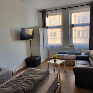 salon z kanapą i telewizorem w obiekcie AT-Apartments - Hannover-Mitte w Hanowerze