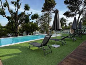 a group of chairs and umbrellas next to a swimming pool at Los Almendros - Free Parking in Córdoba