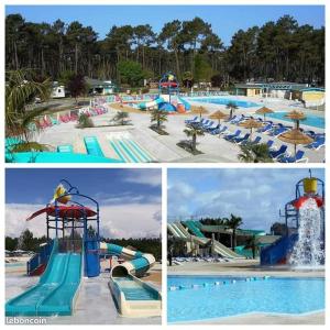 trzy zdjęcia basenu z parkiem wodnym w obiekcie MH 3 chambres, camping Les Dunes de Contis, Landes w mieście Saint-Julien-en-Born