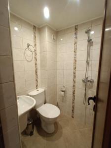 uma casa de banho com um WC, um lavatório e um chuveiro em Guest rooms Bansko em Bansko