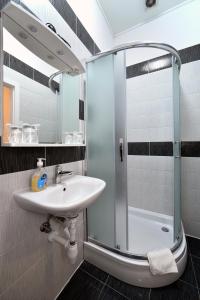 La salle de bains est pourvue d'un lavabo et d'une douche. dans l'établissement Virtus Apartments and Rooms with Free Private Parking, à Zagreb