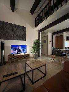 sala de estar con TV de pantalla plana en la pared en les reflets, en Saint Cyprien Plage