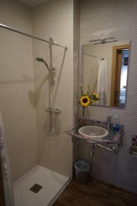 a bathroom with a sink and a shower with a mirror at Casa Rural Horizontes de la Mancha in El Toboso