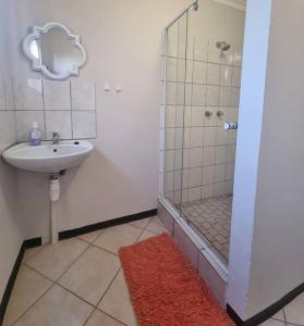 ein Bad mit einer Dusche, einem Waschbecken und einer Dusche in der Unterkunft Seabreeze Accommodation in Lüderitz