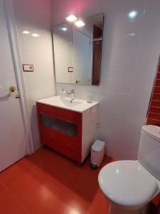 een badkamer met een wastafel, een toilet en een spiegel bij Holidays near the beach in Alicante