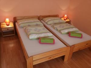 two twin beds in a room with two lamps at Apartmany Danka in Pavčina Lehota