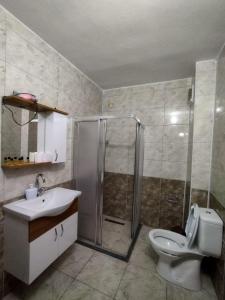 a bathroom with a shower and a toilet and a sink at M.H.T in Edirne