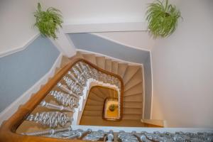 a staircase in a house with two potted plants at Granite City Guest House in Aberdeen