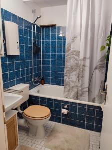 a blue tiled bathroom with a toilet and a shower curtain at Entspannung pur mit DaheimGefühl in Baiersbronn