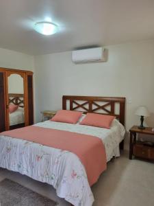 a bedroom with a large bed with red pillows at Pouso Mantiqueira in Cunha