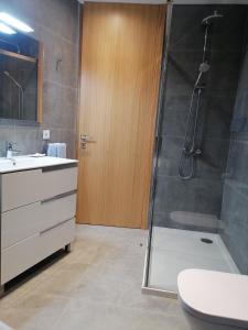 ein Bad mit einer Dusche und einem Waschbecken in der Unterkunft Garrett Houses in Póvoa de Varzim