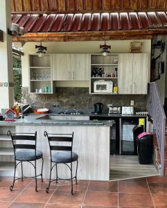 una cucina con due sedie e un bancone in una cucina di Jardín del Edén a Bajo Boquete