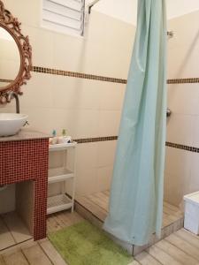y baño con ducha, lavabo y espejo. en Art Villa, en Punta Cana
