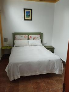 サンルーカル・デ・バラメダにあるCasas Turísticas Bajamarのベッドルーム1室(ピンクの花が咲く白いベッド1台付)