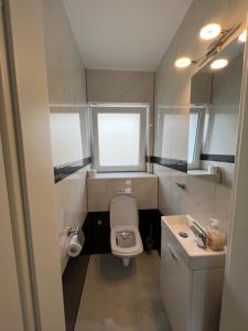 ein kleines Bad mit WC und Waschbecken in der Unterkunft Wunderschöne Unterkunft mit Terrasse - 24h7t Checkin in Karlsruhe