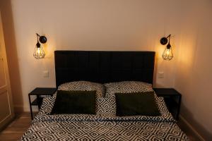 a bedroom with a bed with two pillows and two lights at Mazurski Apartament in Szczytno