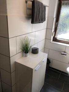 uma pequena casa de banho branca com uma planta num balcão em Ferienhaus Lipp em Mittenwald
