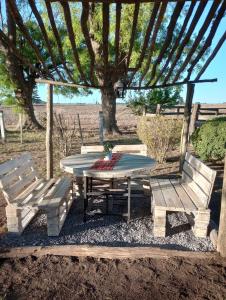 a picnic table and two benches under a gazebo at El Viejo Roble in Bragado