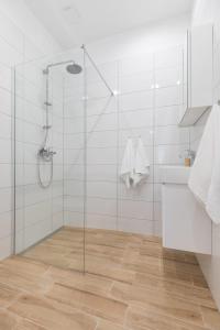 ein Bad mit einer Glasdusche und einem Waschbecken in der Unterkunft Chill Inn Studio in Zagreb
