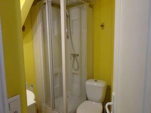 ein Bad mit einer Dusche und einem weißen WC in der Unterkunft Maison individuelle au Centre du Village 6/8 pers. in Cauterets + 14 Fotos