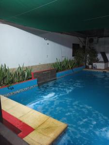 a large swimming pool with blue water in a building at Alojamiento Familiar Nobili in Puerto Iguazú