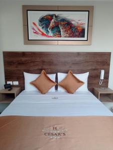 a bedroom with a white bed with two pillows at Hotel Cesar´s in Lima