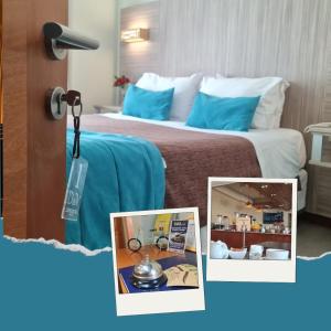 a hotel room with a bed with blue pillows at Hotel D&V Concepción in Concepción