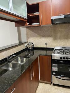 una cocina con fregadero y estufa en Bellísimo departamento de un dormitorio, ubicación inmejorable, en Rosario