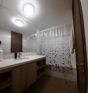 a bathroom with a sink and a shower curtain at Depto equipado frente al mar. Excelente terraza in Viña del Mar