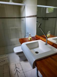 La salle de bains est pourvue d'un lavabo, de toilettes et d'un miroir. dans l'établissement Sítio Colibri - Serra da Mantiqueira, à Brazópolis