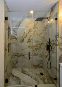 y baño con ducha y puerta de cristal. en Modern Three Bedroom Condo - Boston en Stoneham