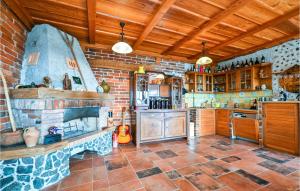 uma cozinha com uma lareira de pedra num quarto em Gorgeous Home In Gornje Psarjevo With Kitchen 