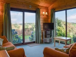 a living room with a large window and a tv at Jasmine Lodge in Woolfardisworthy