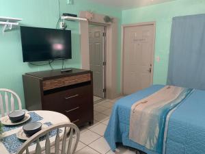 um quarto com uma cama e uma televisão de ecrã plano em Michaels Surfside Cabanas em Clearwater Beach