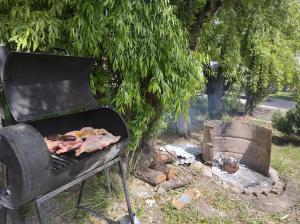 una parrilla con carne junto a la chimenea en Departamentos Yexalen PA en El Calafate