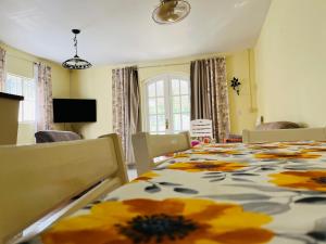 威廉斯塔德的住宿－Wondershell Curaçao，用餐室配有带鲜花的大桌子
