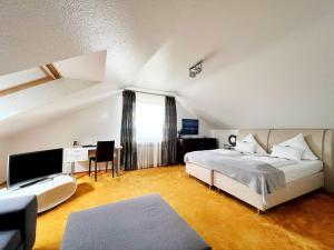 a bedroom with a bed and a desk and a tv at Hotel Hellers Twenty Four I -24h-Check-In- in Friedrichshafen