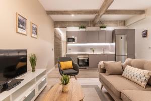 a living room with a couch and a chair and a tv at Recién reformado junto a metro San Mamés in Bilbao