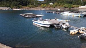 dwie łodzie są zakotwiczone w doku w wodzie w obiekcie ゲストハウスのスタジオ５１ w mieście Sasebo