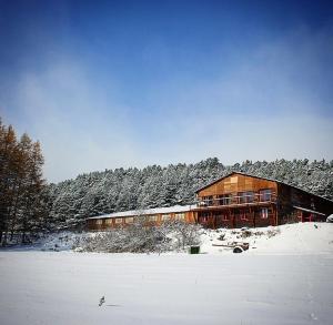 ein großes Gebäude im Schnee mit schneebedeckten Bäumen in der Unterkunft Gîte Ranch Le Serpolet in Les Angles