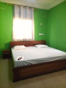 um quarto com uma cama com paredes verdes e uma janela em Temaya Cottage Lodge em Tamale