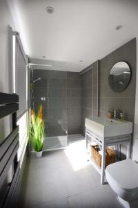 a bathroom with a shower and a toilet and a sink at Old Fire Station Canterbury in Canterbury +48 photos