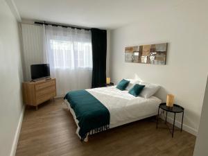 um quarto com uma cama e uma televisão em Appartement situé en centre ville super lumineux em Dunkerque